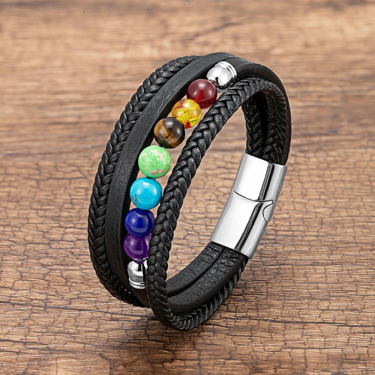 Silver 7 Chakras Leather Men's Bracelet