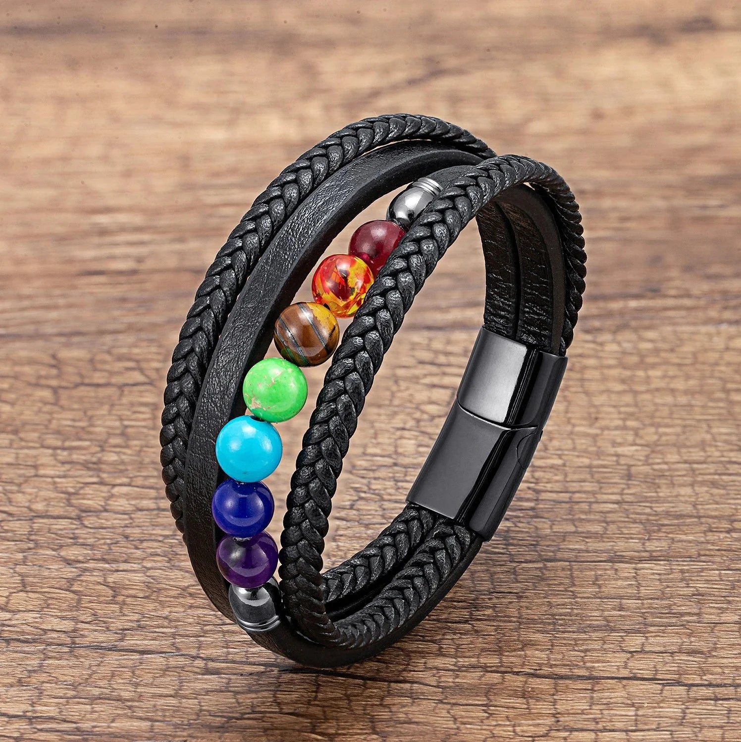 Black 7 Chakras Leather Men's Bracelet