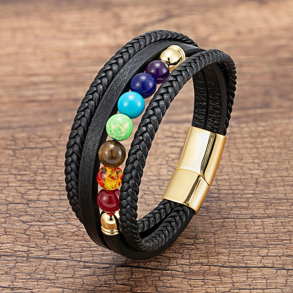 Gold 7 Chakras Leather Men's Bracelet