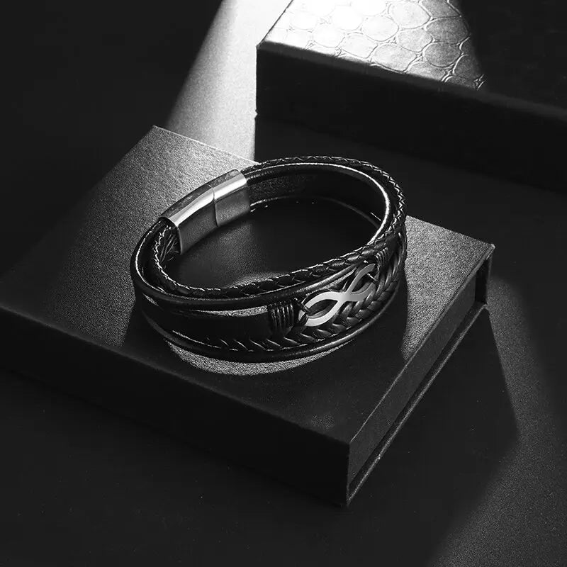 Infinite Bracelet in black leather black and silver