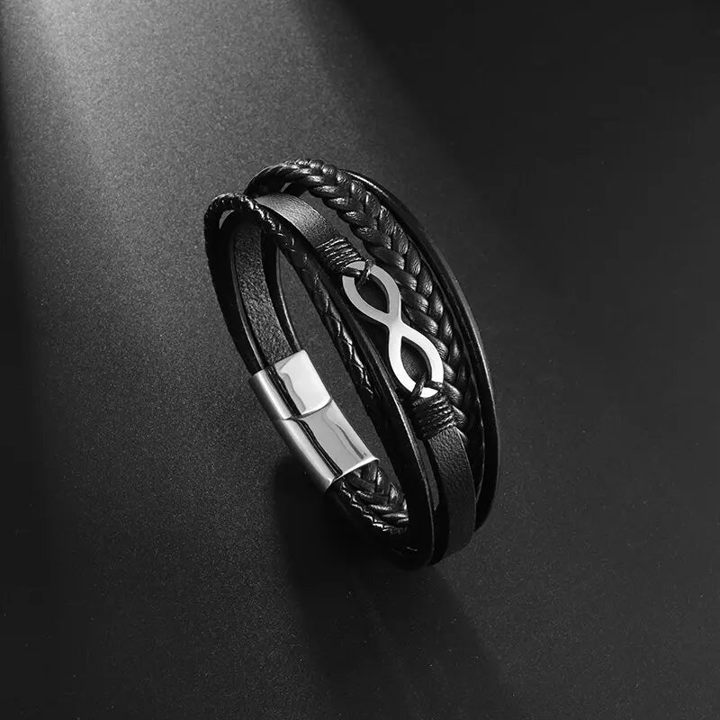 Infinite Bracelet in black leather and silver