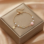 Moon and Star Women's Curb Bracelet Pink Celestial Motifs