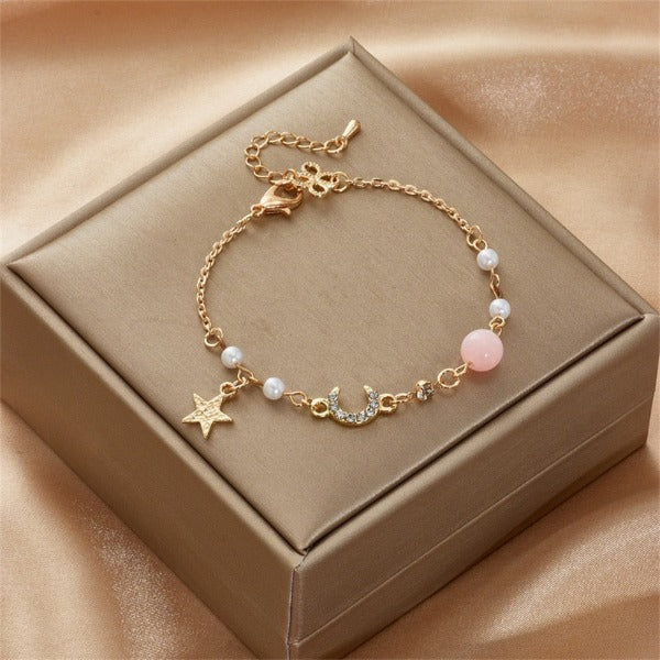 Moon and Star Women's Curb Bracelet Pink Celestial Motifs