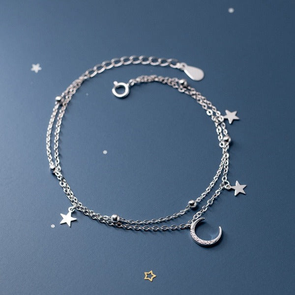Moon and Star Women's Silver Chain Bracelet
