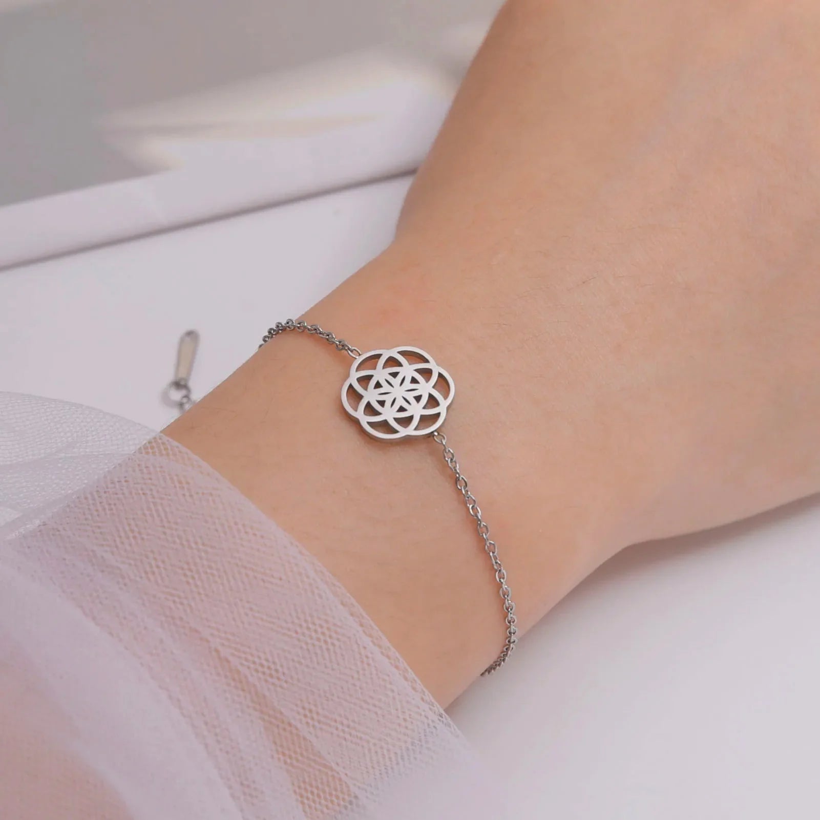 Sacred Geometry Mandala Bracelet for Women Silver