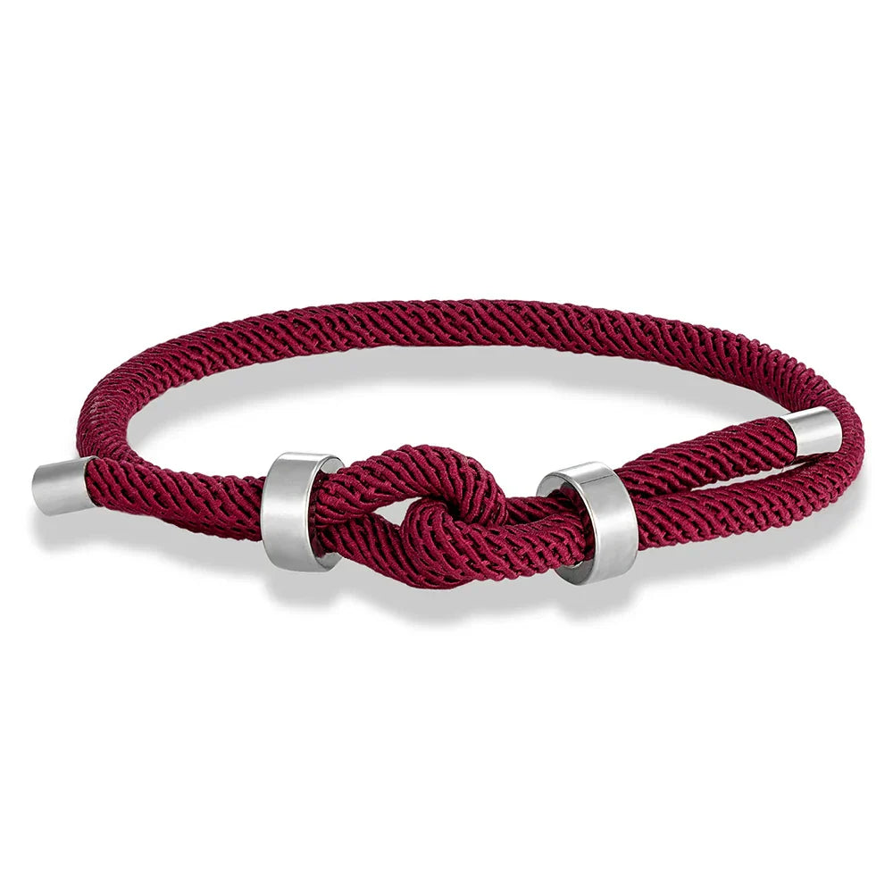Modern braided rope bracelet with burgundy knot