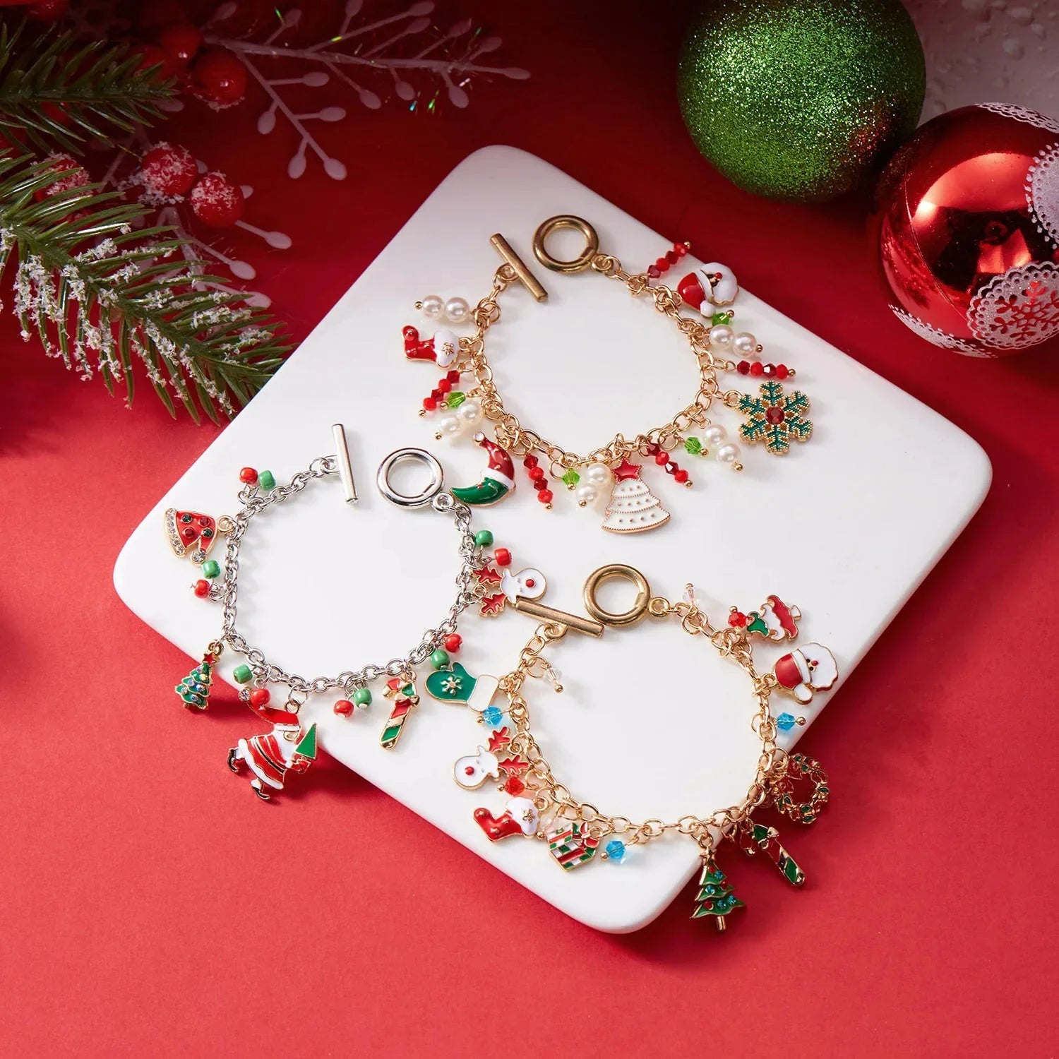 Santa Claus Bracelet Christmas Trees Snowman Silver