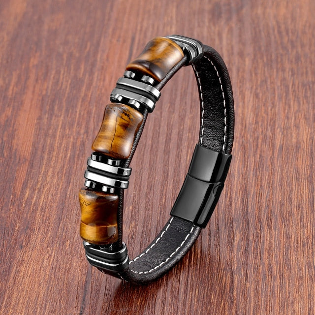 Tiger's Eye Stone Bracelet Black Leather Chain Bracelet