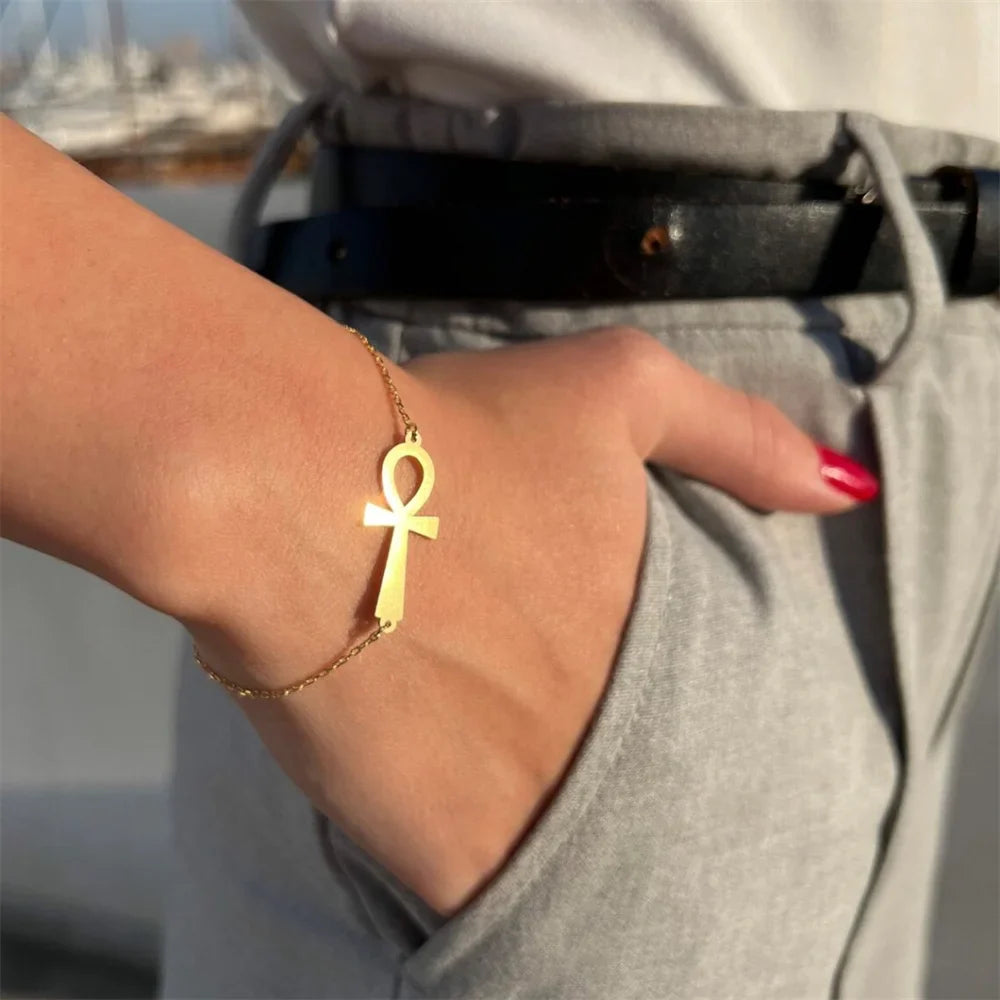Egyptian-Style Bracelet with Gold Ankh Cross