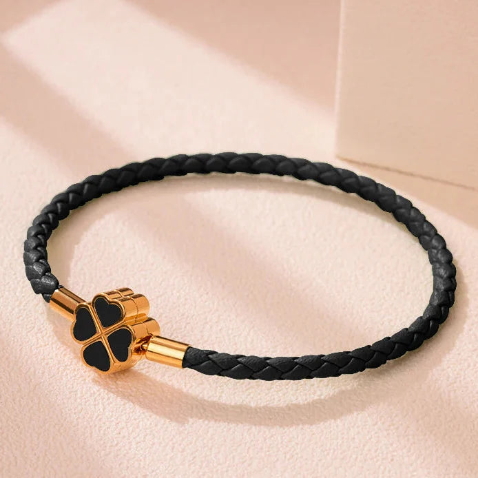 Braided Leather Bracelet with Black Four-Leaf Clover