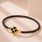 Braided Leather Bracelet with Brown Four-Leaf Clover