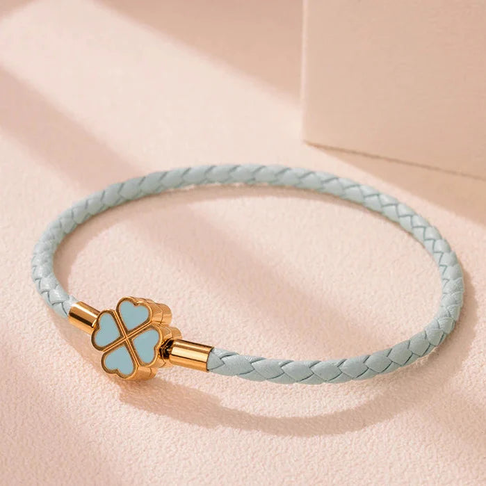 Braided Leather Bracelet with Blue Four-Leaf Clover
