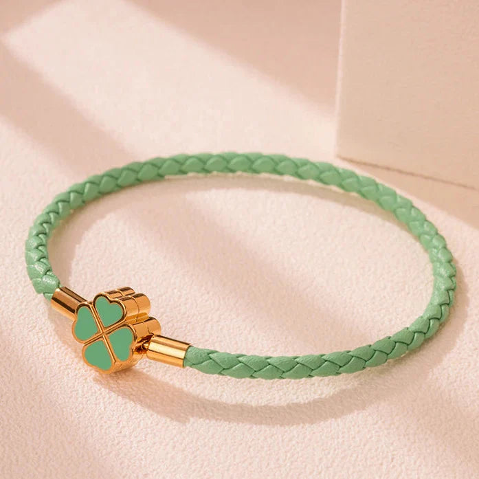 Braided Leather Bracelet with Green Four-Leaf Clover