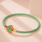 Braided Leather Bracelet with Green Four-Leaf Clover