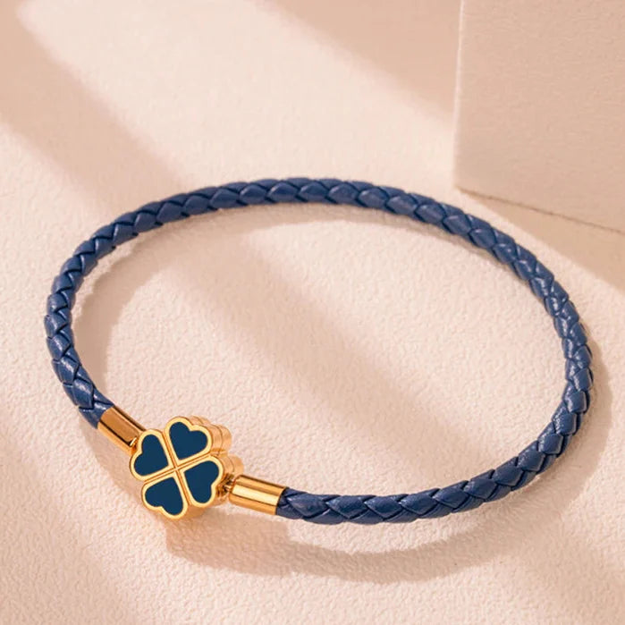 Braided Leather Bracelet with Navy Blue Four-Leaf Clover