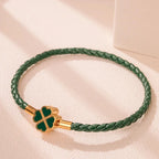 Braided Leather Bracelet with Dark Green Four-Leaf Clover