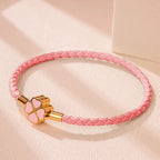 Braided Leather Bracelet with Pink Four-Leaf Clover