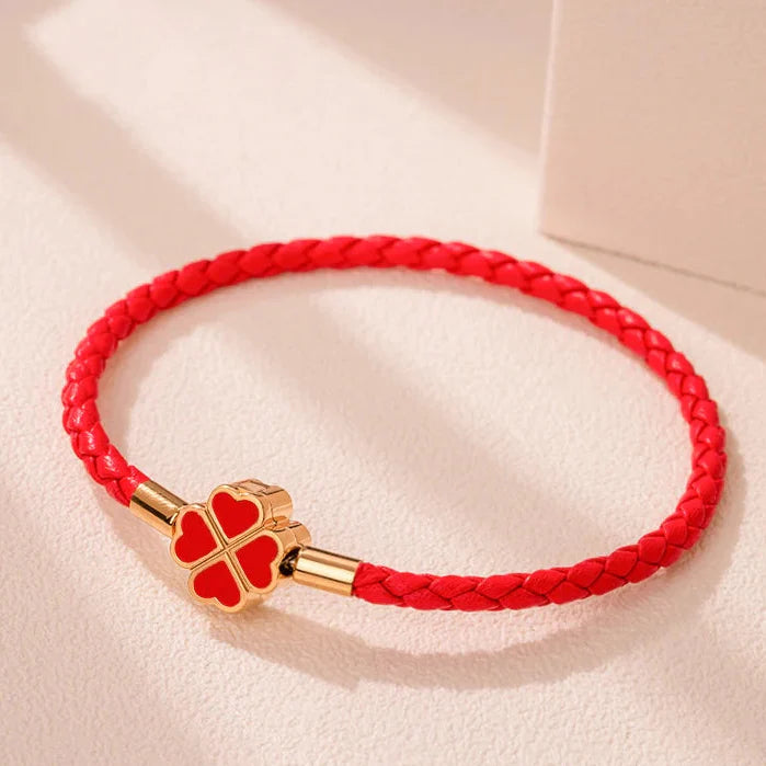 Braided Leather Bracelet with Red Four-Leaf Clover