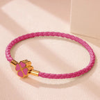 Braided Leather Bracelet with Dark Pink Four-Leaf Clover