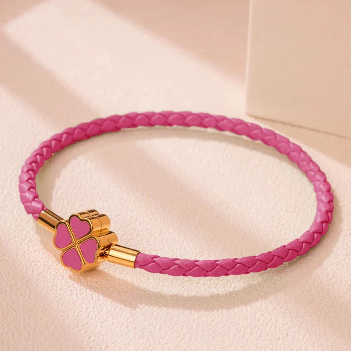 Braided Leather Bracelet with Dark Pink Four-Leaf Clover
