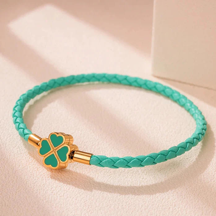 Braided Leather Bracelet with Teal Four-Leaf Clover