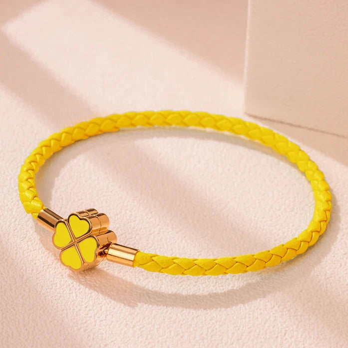 Braided Leather Bracelet with Yellow Four-Leaf Clover