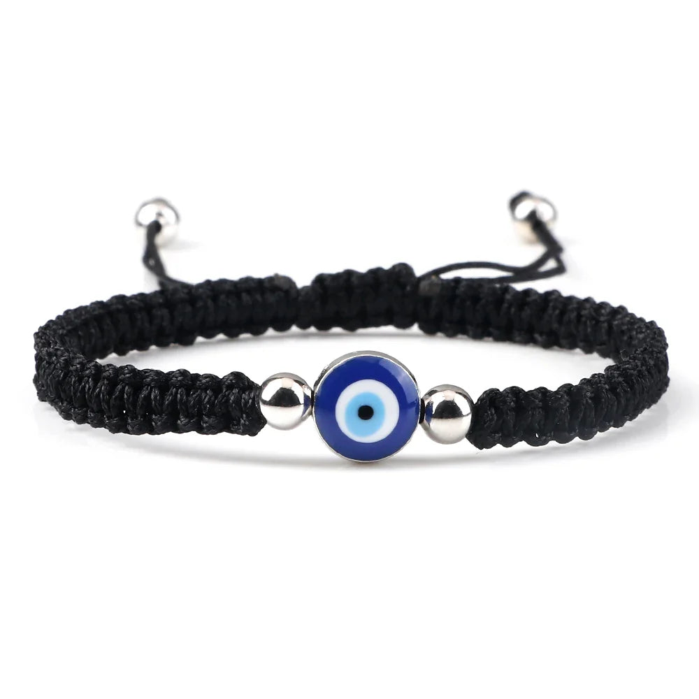 Blue Evil Eye Braided Bracelet Black and Silver