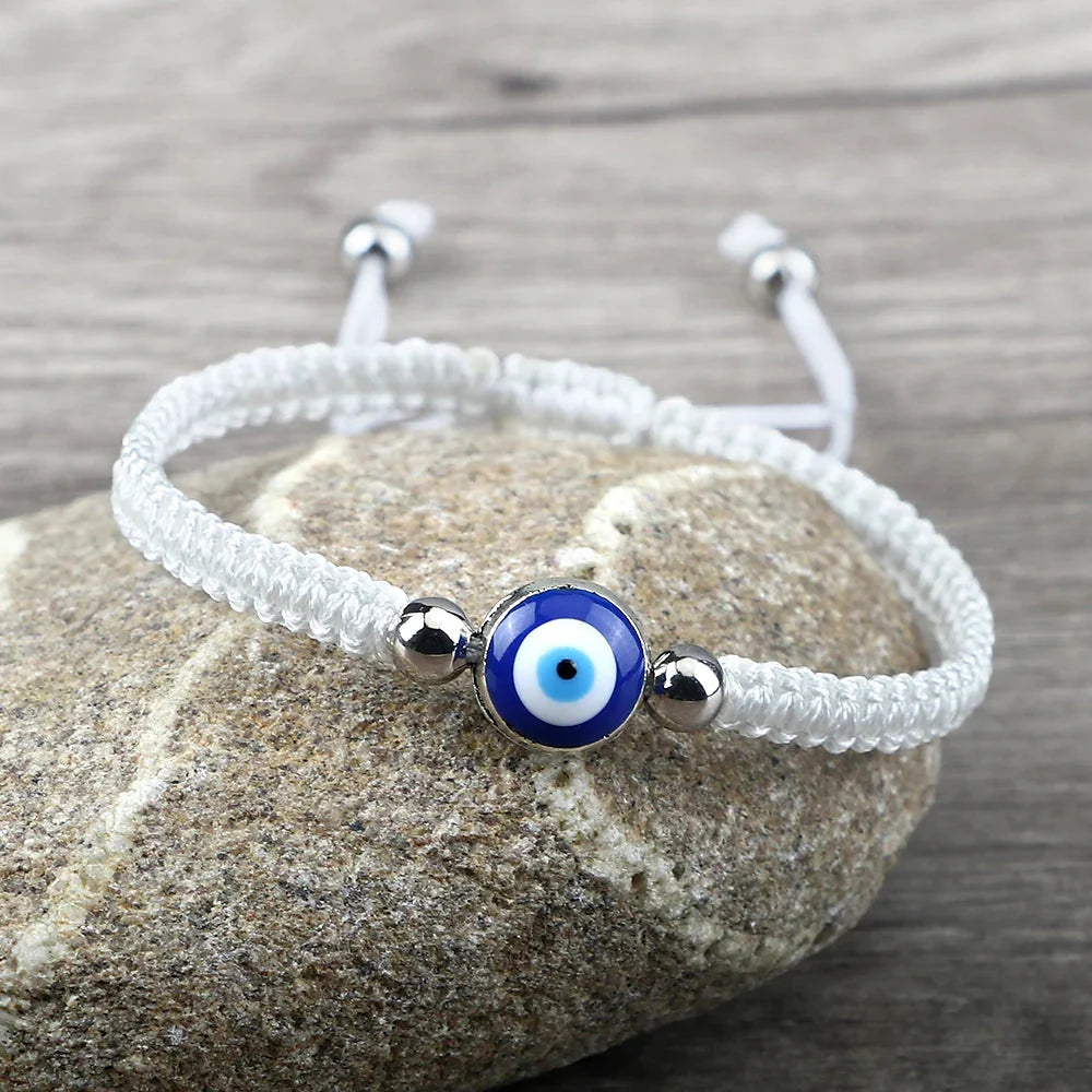 Blue Evil Eye Braided Bracelet White and Silver