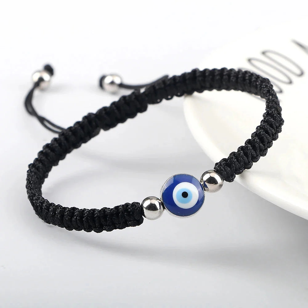 Blue Evil Eye Braided Bracelet Black and Silver