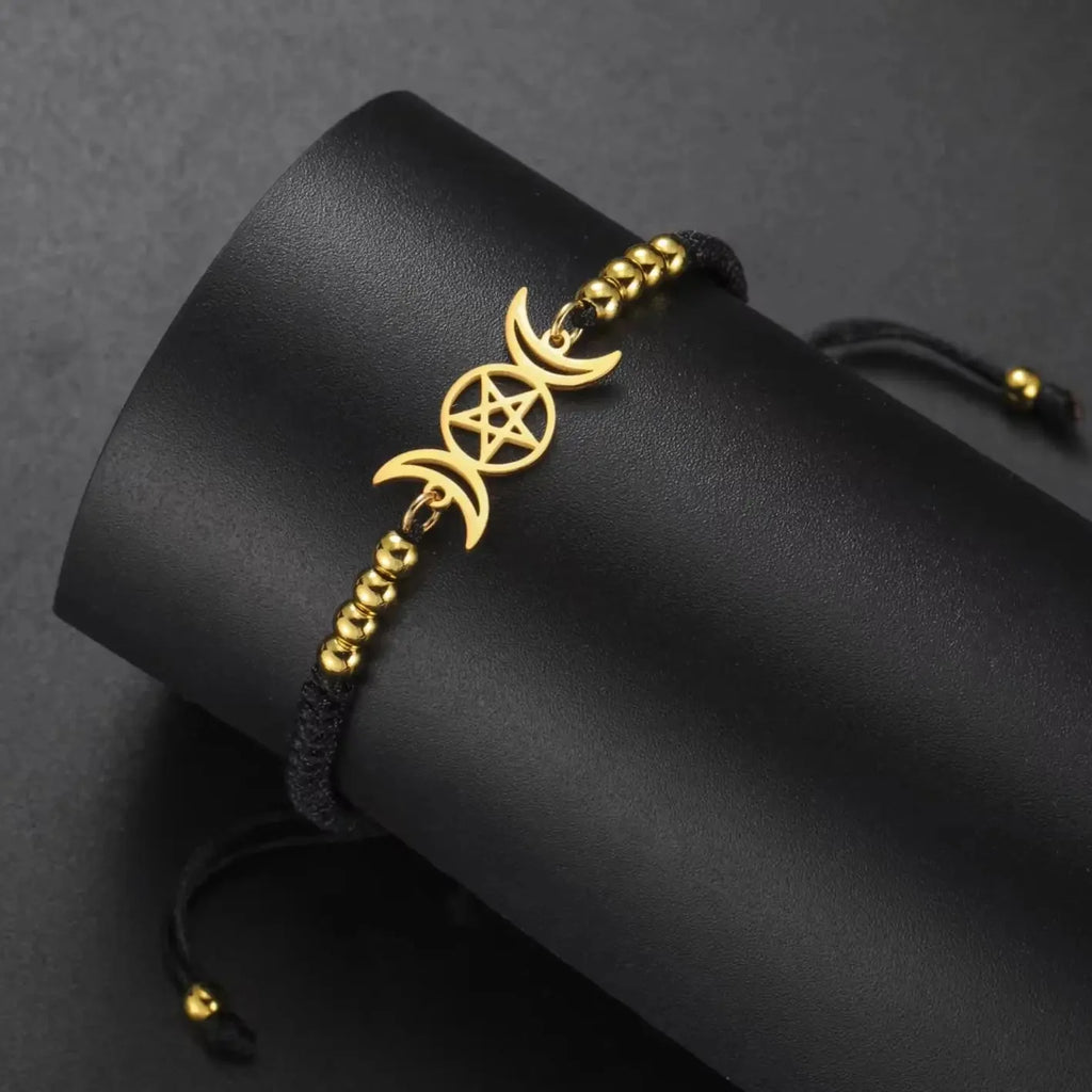 Braided Triple Moon Witchcraft Wiccan Chain Bracelet black