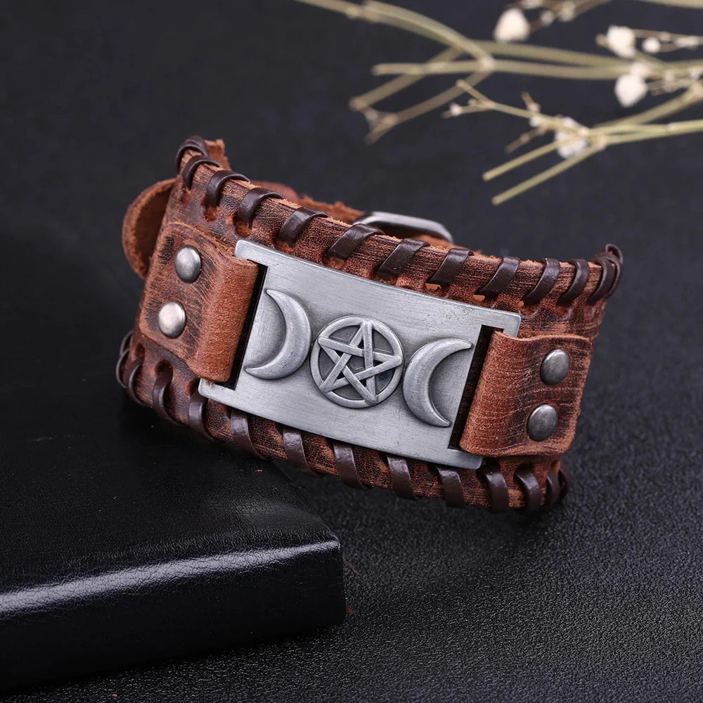 Triple Moon Leather Bracelet Witchcraft Wiccan 9