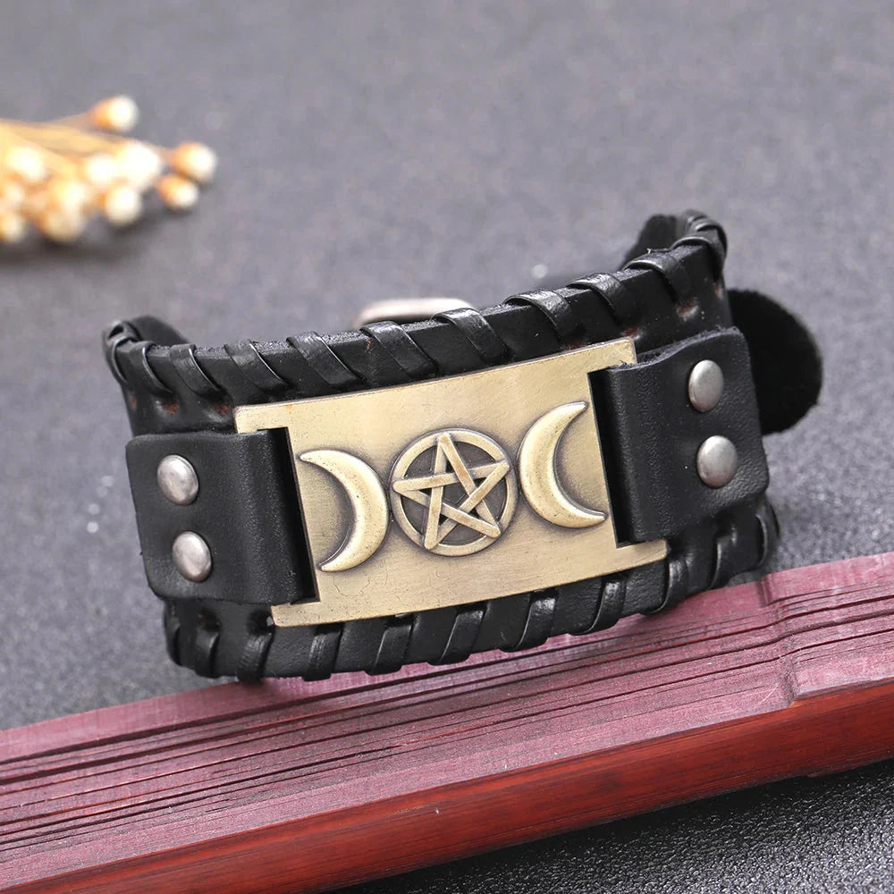 Triple Moon Leather Bracelet Witchcraft Wiccan 7