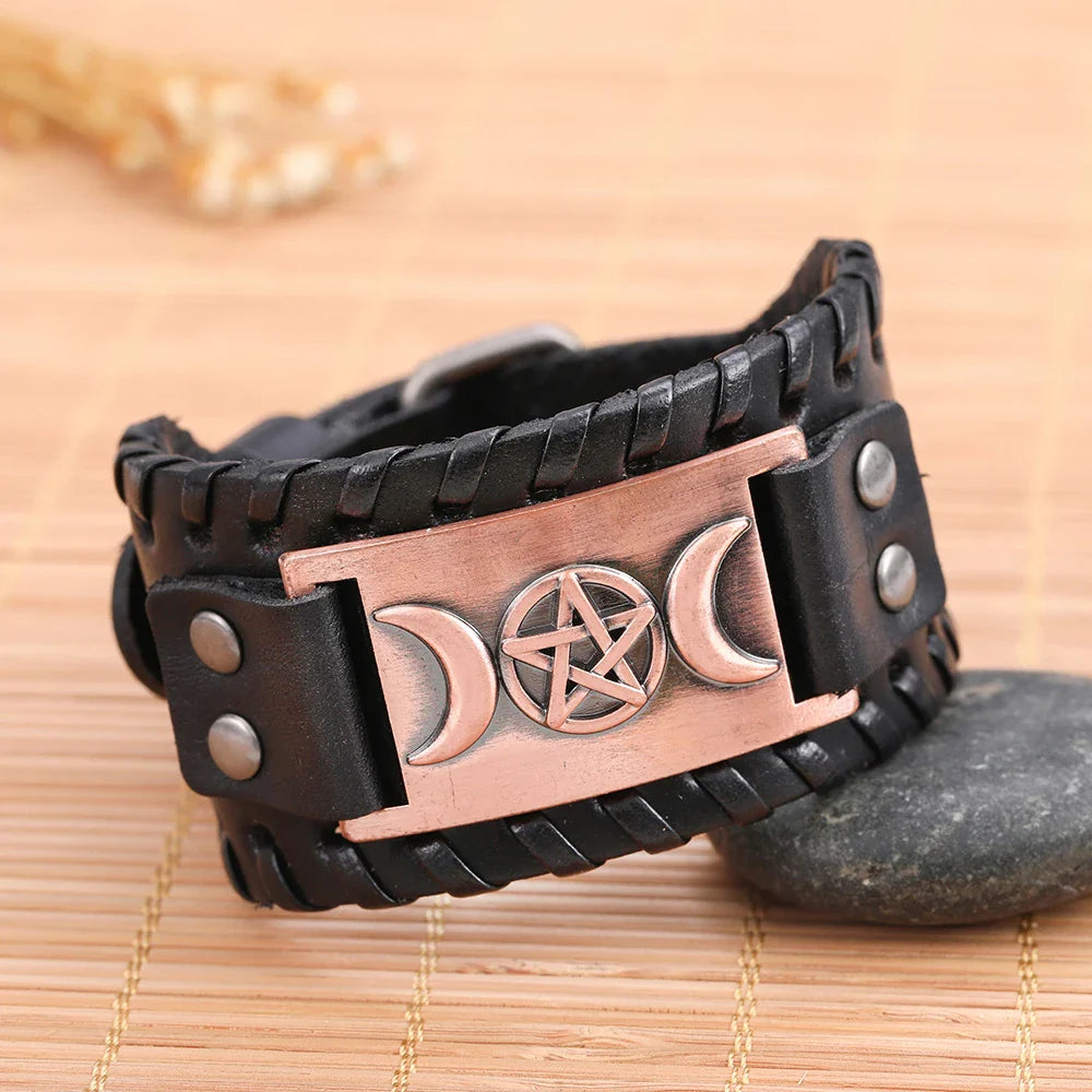 Triple Moon Leather Bracelet Witchcraft Wiccan 8