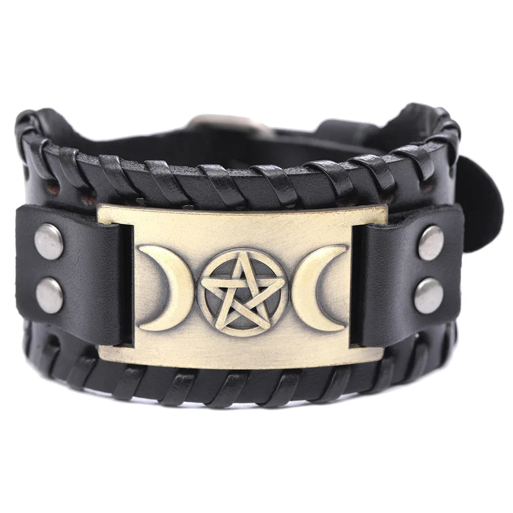 Triple Moon Leather Bracelet Witchcraft Wiccan 7
