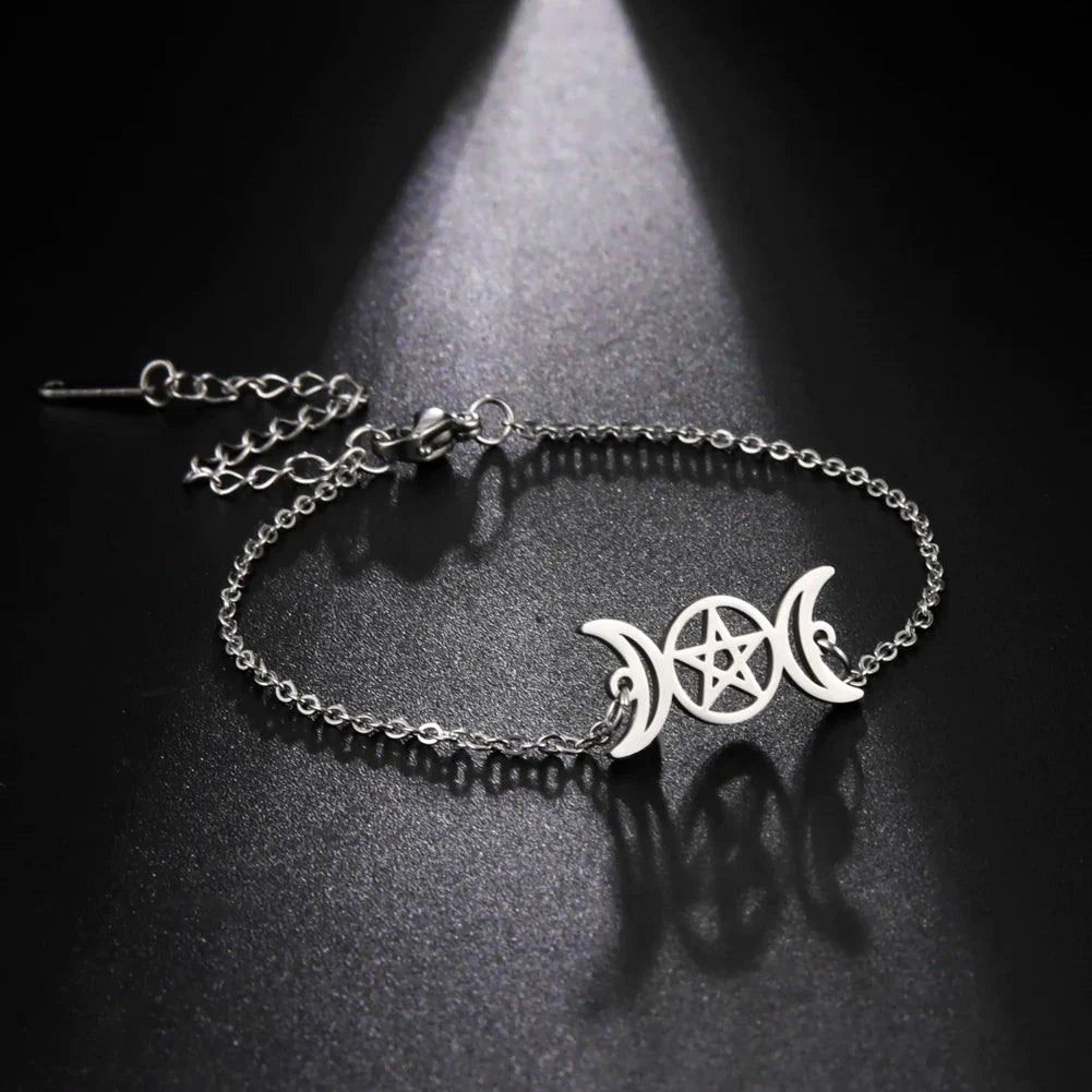 Triple Moon Witchcraft Wiccan Chain Bracelet Silver