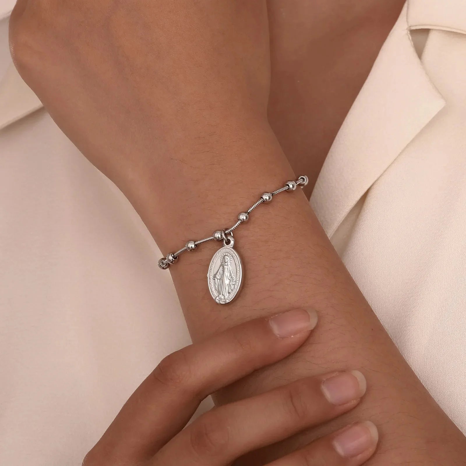 Virgin Mary Christian curb bracelet silver