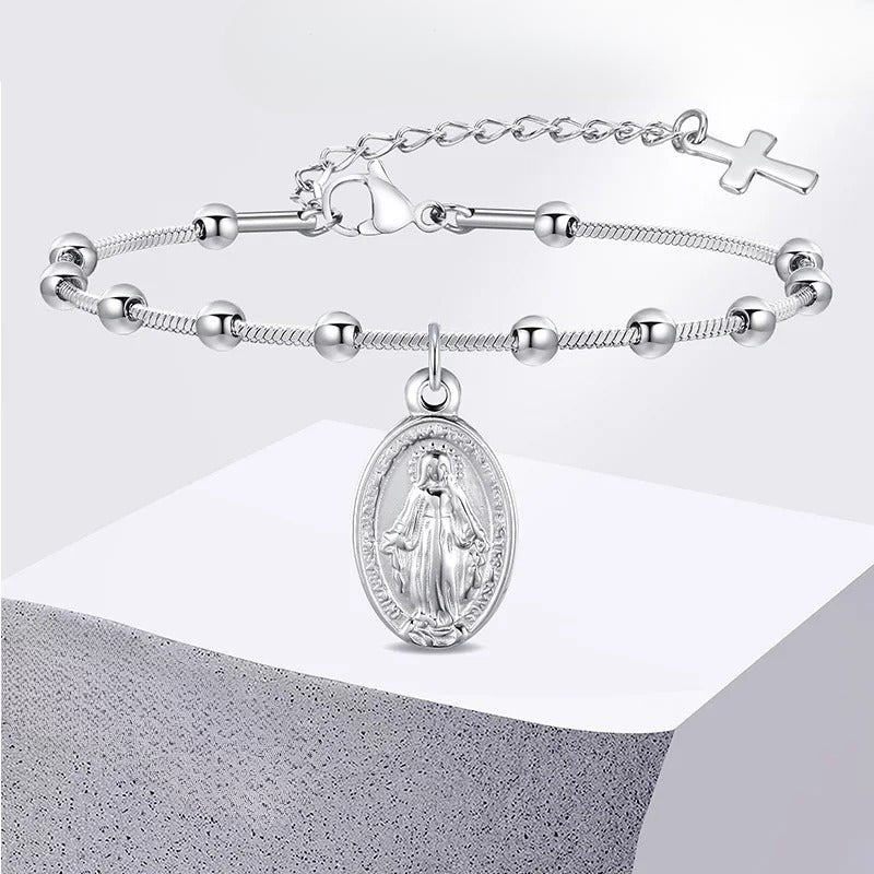 Virgin Mary Christian curb bracelet silver