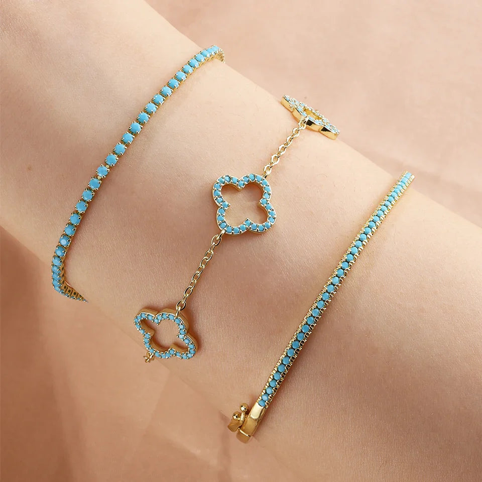 Set of 3 Bracelets with Blue Zircon Four-Leaf Clovers