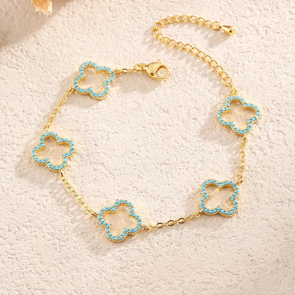 Set of 3 Bracelets with Blue Zircon Four-Leaf Clovers