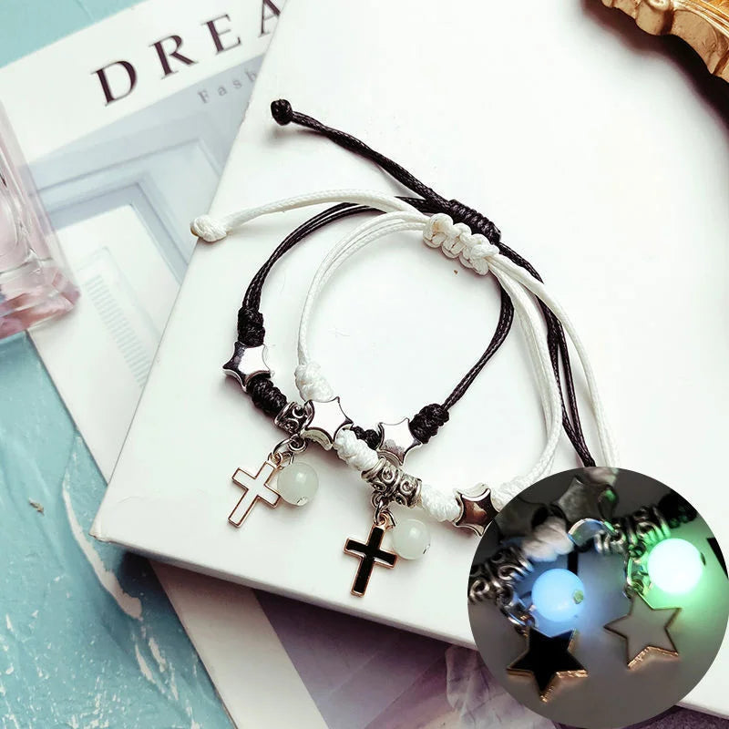 Couple Bracelets with Glowing Pearl and Cross Chain
