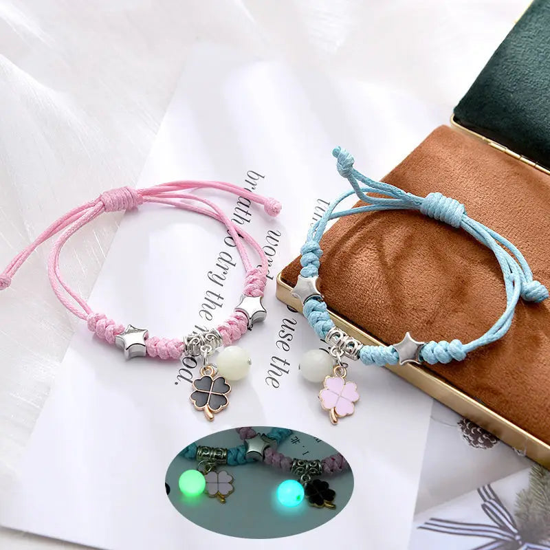 Couple Bracelets with Glow-in-the-Dark Beads Floral Curb Bracelet