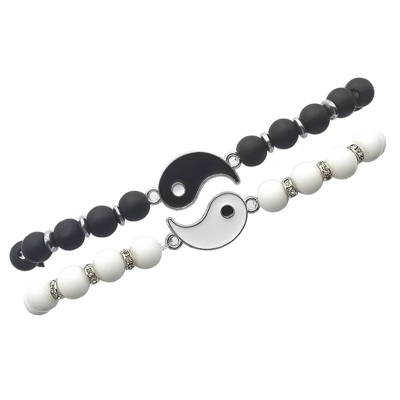 Couple Bracelets, Breakaway Yin Yang ID Bracelet in Natural Black and White Stones