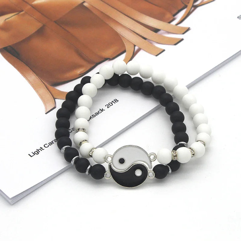 Couple Bracelets, Breakaway Yin Yang ID Bracelet in Natural Black and White Stones