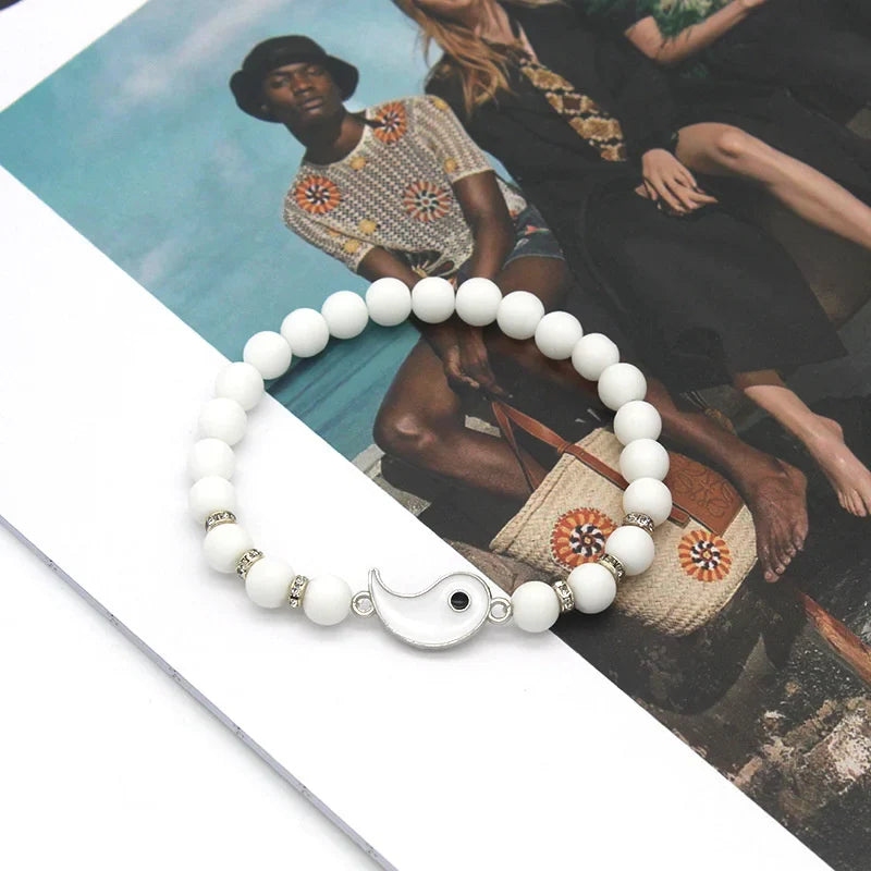 Couple Bracelets, Breakaway Yin Yang ID Bracelet in Natural Black and White Stones