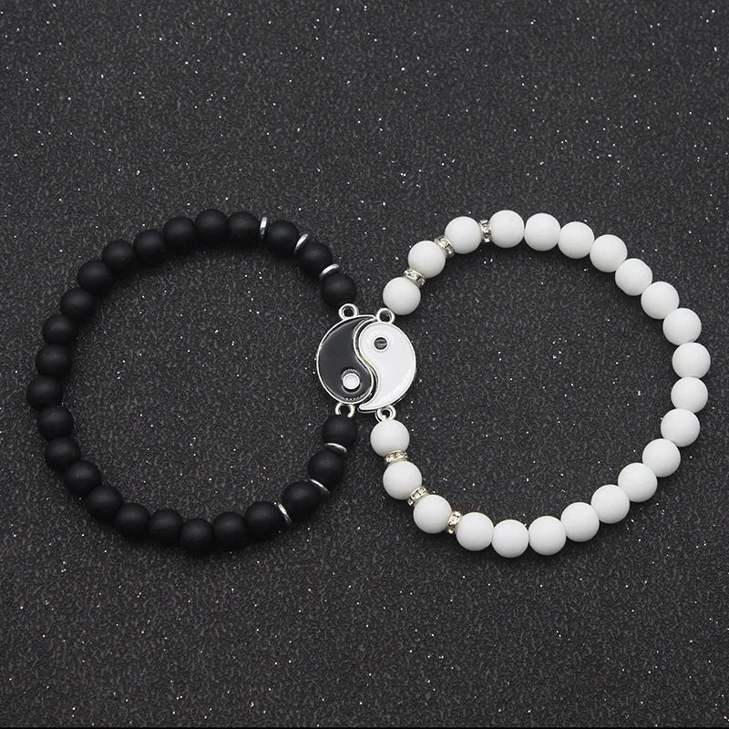 Couple Bracelets, Breakaway Yin Yang ID Bracelet in Natural Black and White Stones