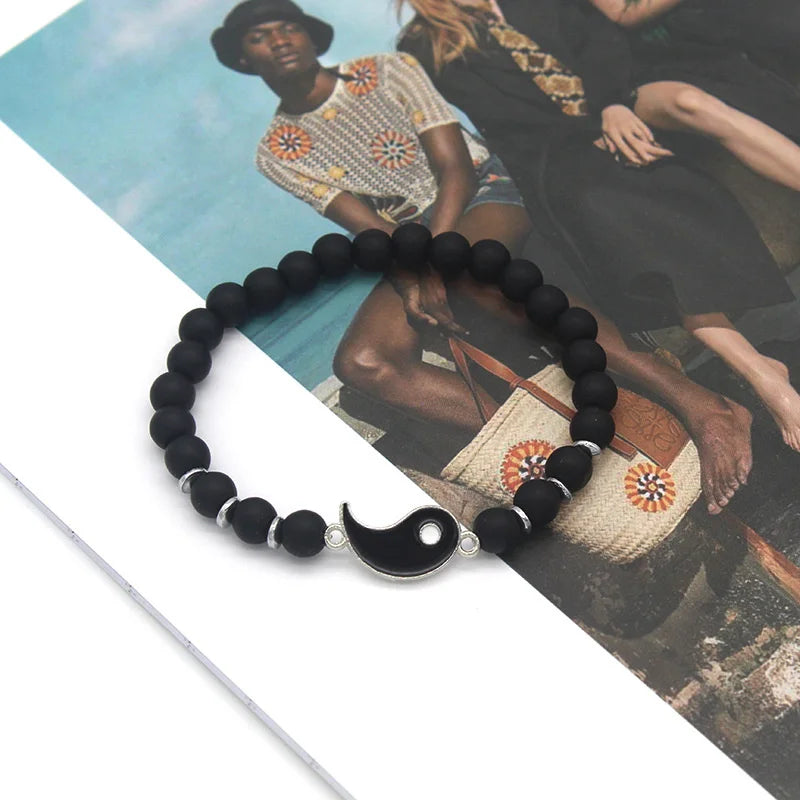 Couple Bracelets, Breakaway Yin Yang ID Bracelet in Natural Black and White Stones