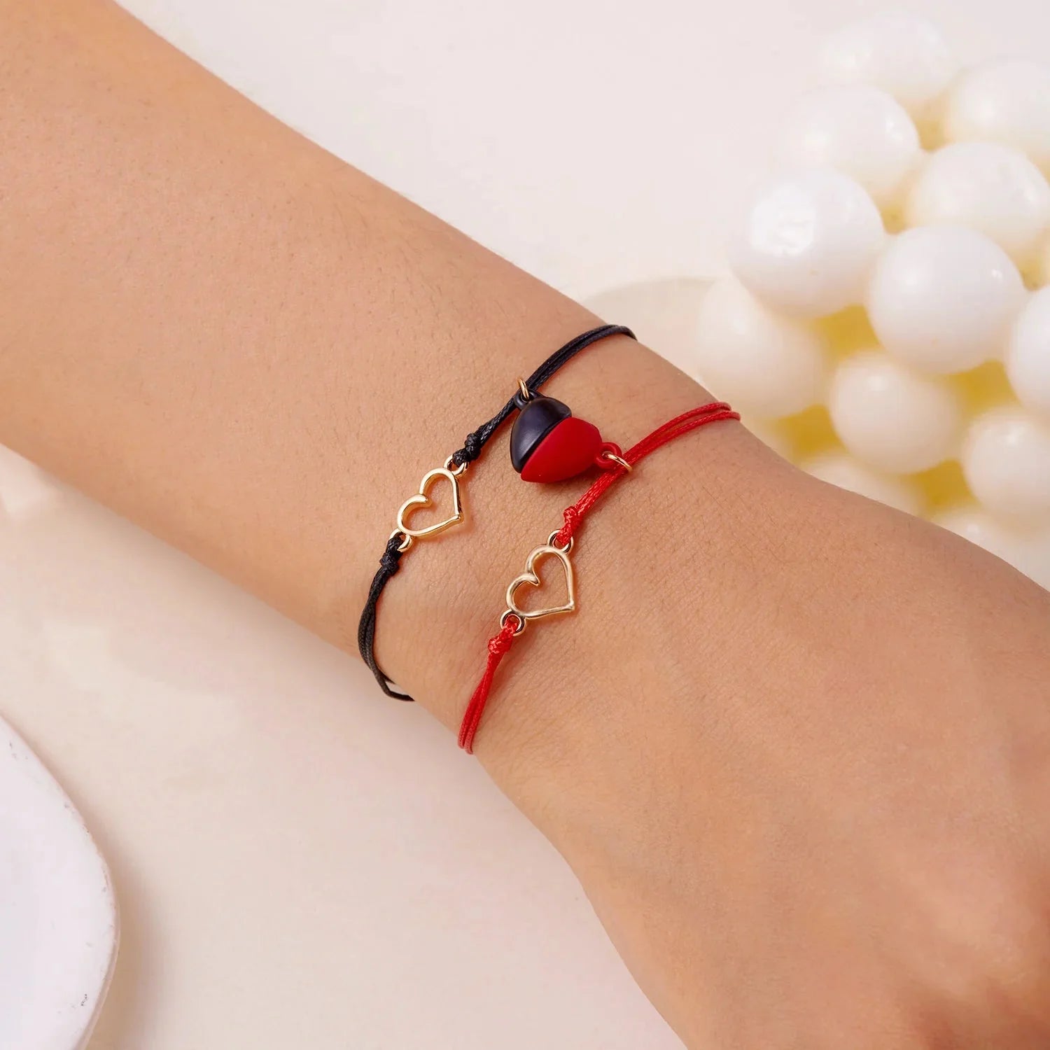 Couples' Bracelets Magnetic ID Bracelet Heart and Electrocardiogram red and black