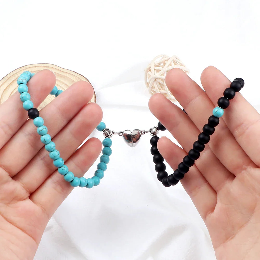 Couples Bracelets Magnetic Cuff Sky Blue and Black Beads