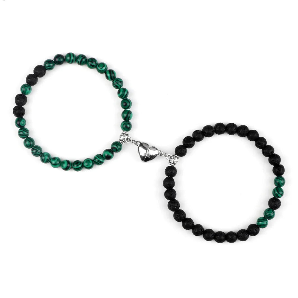 Couples Bracelets Magnetic Cuff Green and Black Beads
