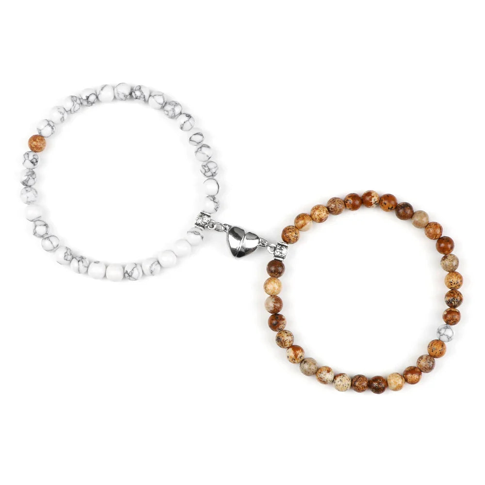 Couples Bracelets Magnetic Cuff White and Brown Beads
